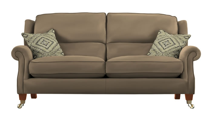 Parker Knoll Henley Large 2 Seater Sofa in Como Sage Leather with Hyams Moss Scatters and Cherry Legs